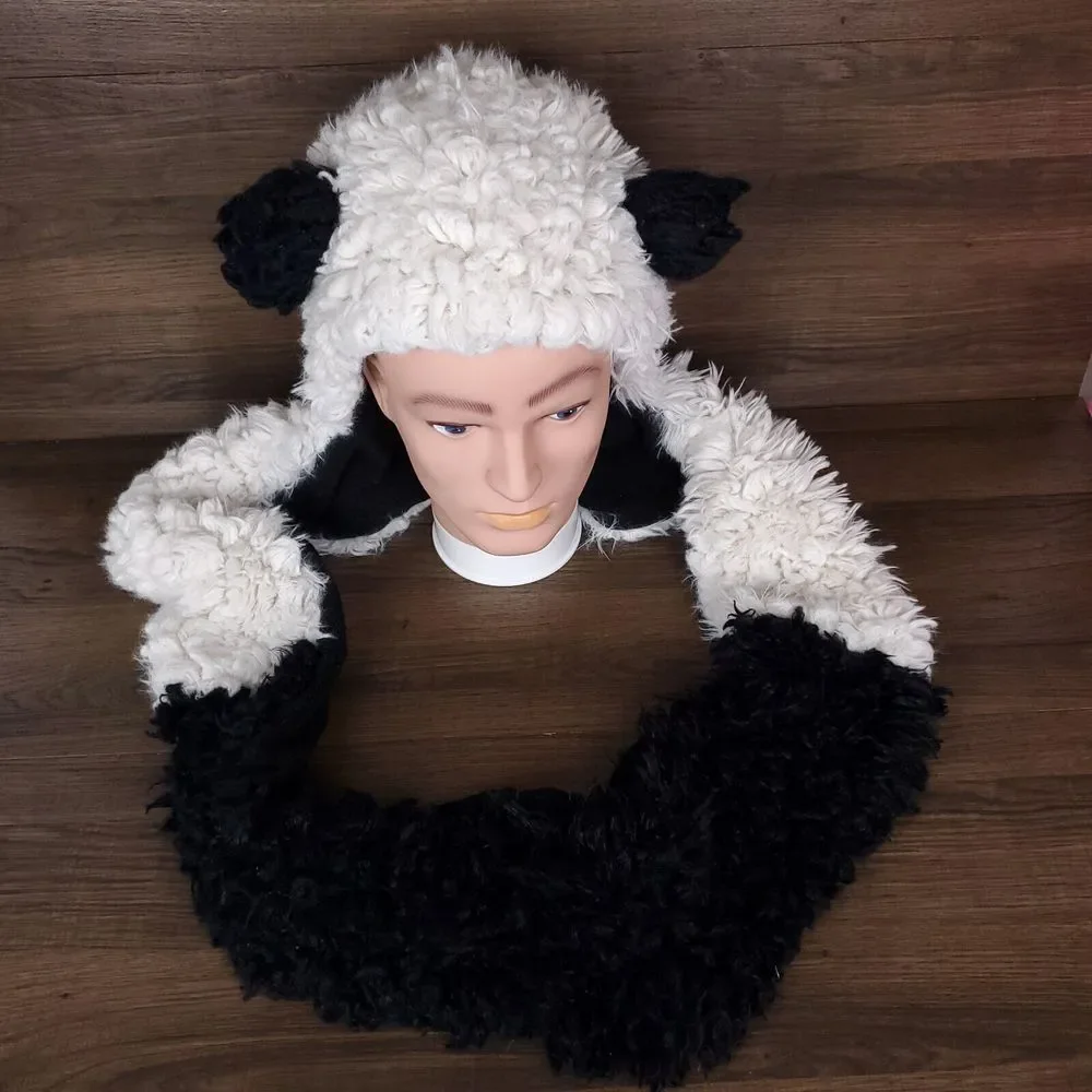 Panda Bear Plush Fur Cowl‎ Hooded Infinity Scarf Snood 3D Ears Black White New